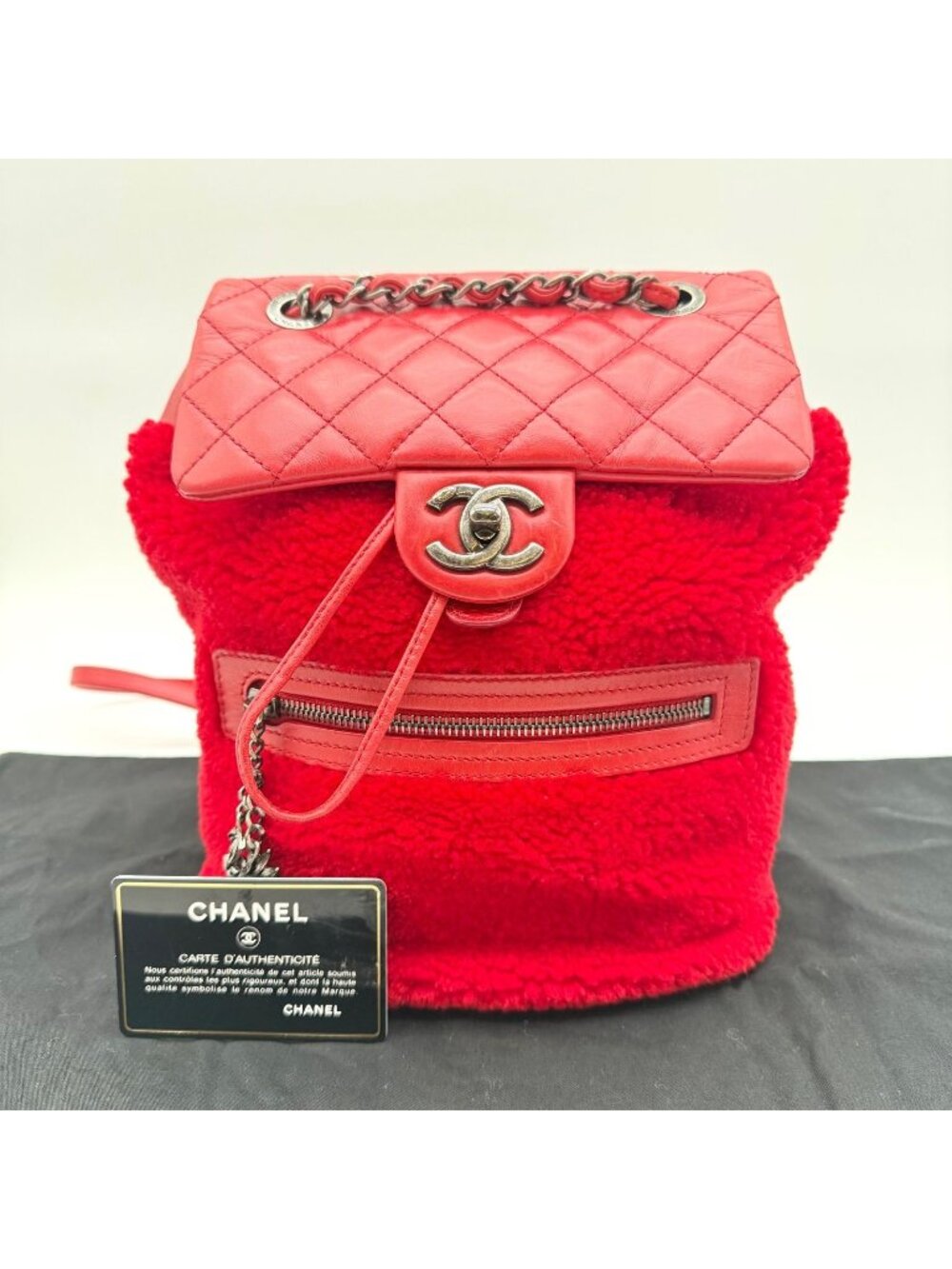 Chanel Backpack Shearling Fleece Quilted Red